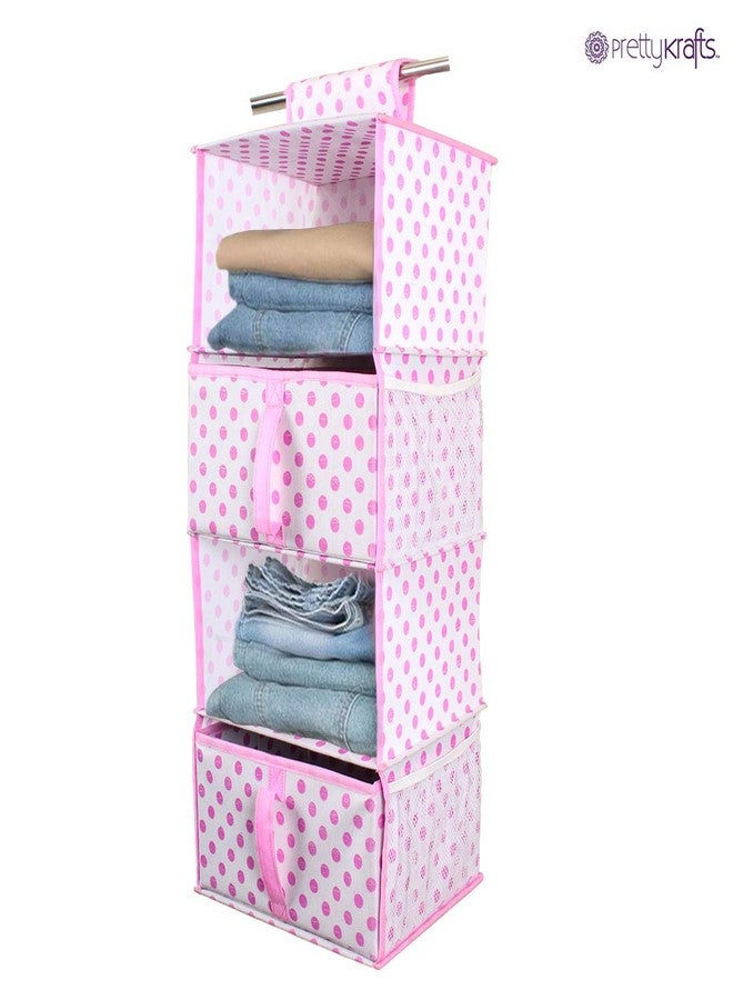 PrettyKrafts Polka Non Woven 4 Shelf Hanging Organiser with 2 Drawers and Side Pockets F1576 (Pink) - Image 3